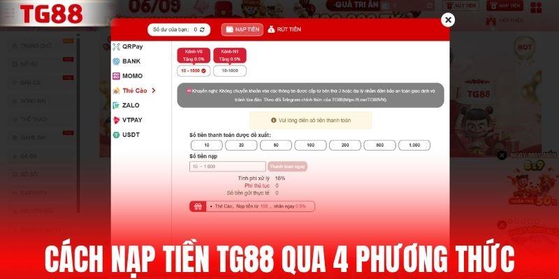 Cách nạp tiền TG88 qua 4 phương thức phổ biến
